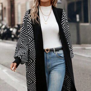 Black Casual Womens Geo Pattern Lantern Sleeve Duster Cardigan